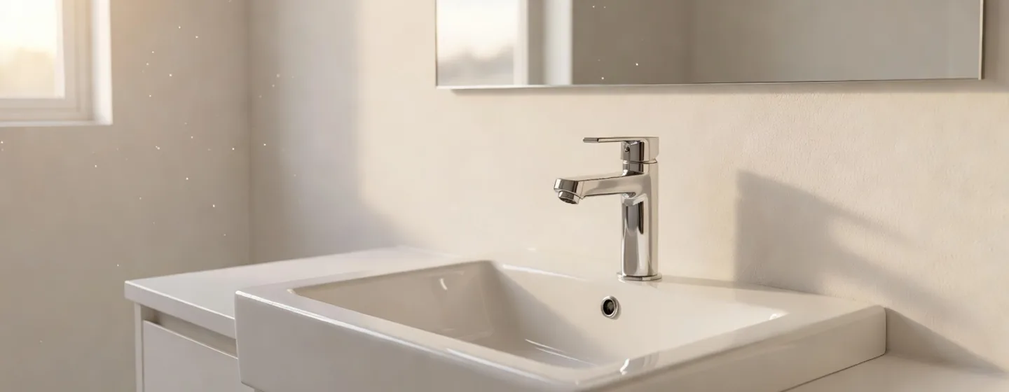 Plumbing service scene; warm, credible, no fake provider logo.